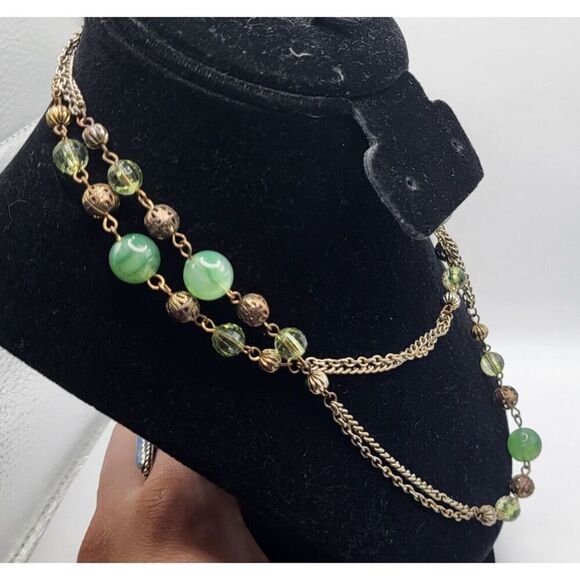 90s Long Strand Green Natural Bohemian Beaded Chain Necklace 35in - Picture 3 of 5